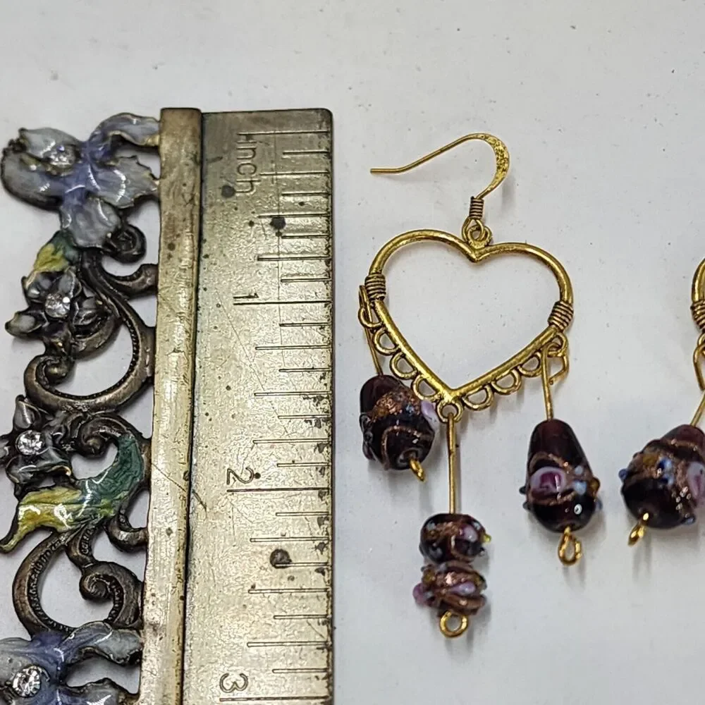 Artisan Heart Lamp Work Glass Beaded Purple Hook Gold Tone Dangle Earrings